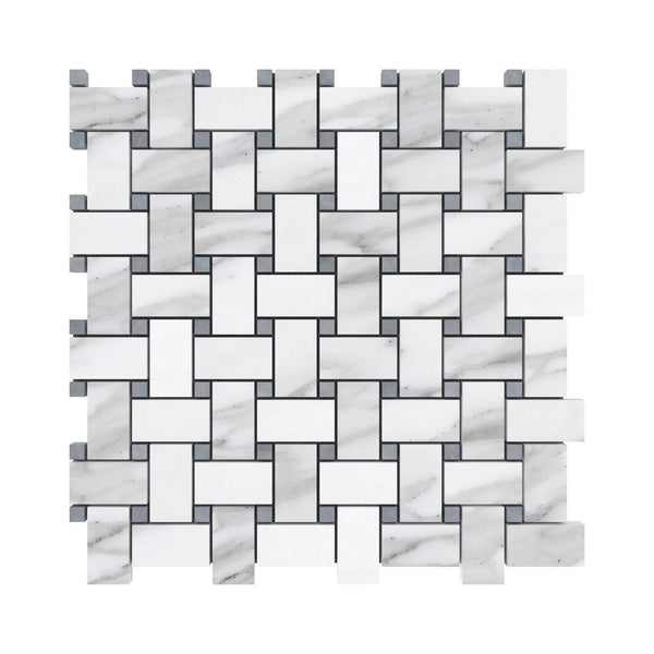 13x13 Polished Statuario Basketweave (LARGE) With Ocean Grey Dot - tilestate