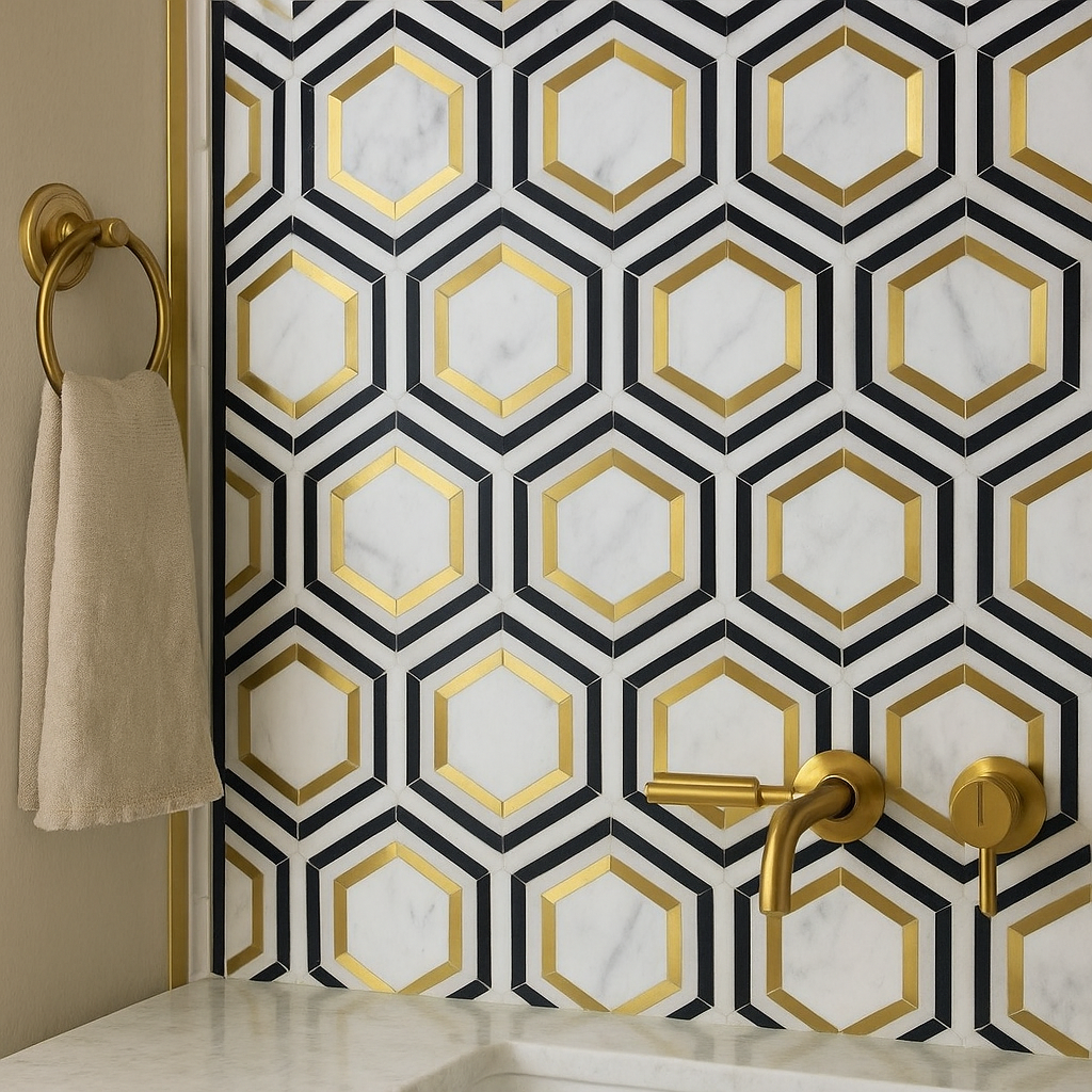 Calacatta Gold Nero Marquina Hexagon Marble Polished Mosaic Tile