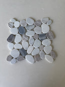 Natural stone pebble mosaic tile by Roca, 11x11 inch Mist Mix mosaic with smooth, rounded pebbles for decorative surfaces.