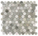 Green marble penny round mosaic tile by Roca, 12x12 inches, natural stone surface with a smooth, polished finish.