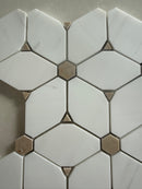 Cecily White Dolomite mosaic tile installed as a kitchen backsplash