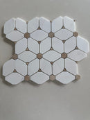 Cecily White Dolomite honed marble mosaic tile featuring an elegant floral-inspired pattern