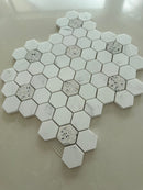 Dolomite hexagon terrazzo mosaic tile used on luxury bathroom walls and shower surfaces