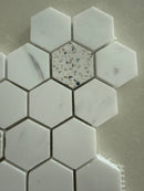 Dolomite marble hexagon terrazzo mosaic installed as a modern kitchen backsplash