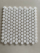 Dolomite polished 1-inch penny round marble mosaic tile featuring bright white marble and natural gray veining