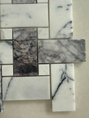 Large basketweave mosaic crafted from premium Lilac marble with white marble inserts