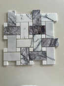 Luxury basketweave marble mosaic featuring lilac-gray veining and white dot details