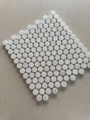Polished Dolomite penny round marble mosaic installed on a luxury bathroom floor