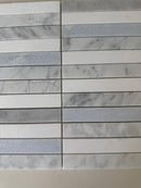 Argentina Celest Carrara and Thassos stacked mosaic used as an elegant backsplash