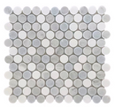 Natural stone tile from Roca, blue mix penny round 12x12 mosaic with small, circular tiles arranged in a vibrant mosaic pattern.