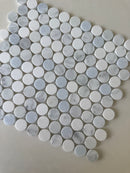 Blue mix penny round mosaic tile by Roca, natural stone flooring with small, round 12x12 inch mosaic pattern.