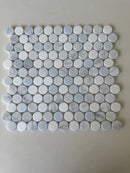 Blue and mixed natural stone penny round mosaic tile by Roca, 12x12 inches, ideal for showers and decorative surfaces.