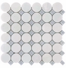 Roca Rockart Blue Mix Thassos Circle 12x12 mosaic natural stone tile with blue and white tones, circular pattern, and textured surface.