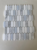 Blue and white Thassos mosaic tile by Roca, featuring a mix of natural stone picket design for floor or wall decoration.