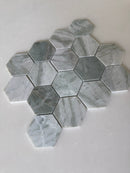 Green marble hexagon mosaic tile from Roca, natural stone with a polished finish, 12x12 inch backsplash or wall tile.