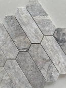 Silver Travertine honed picket mosaic tile with natural silver and gray stone variation
