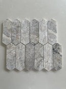 Modern Silver Travertine picket mosaic backsplash in a modern kitchen