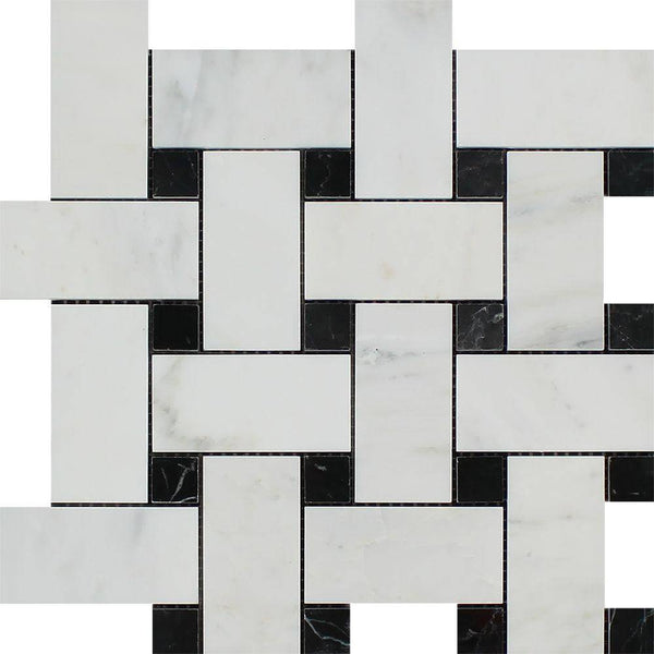 Oriental White Polished Marble Large Basketweave Mosaic Tile w/ Black Dots - tilestate