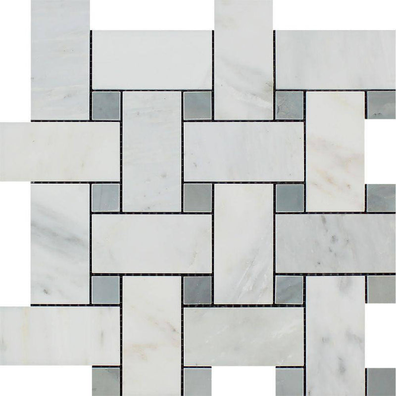 Oriental White Polished Marble Large Basketweave Mosaic Tile w/ Blue-Gray Dots - tilestate