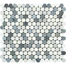 Oriental White Polished Marble Penny Round Mosaic Tile (Oriental White + Thassos + Blue) - tilestate