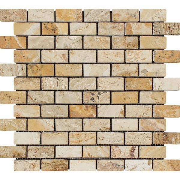 1x2 Tumbled Valencia Travertine Brick Mosaic Tile - tilestate