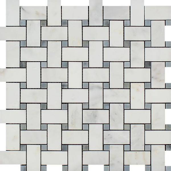 Oriental White Honed Marble Basketweave Mosaic Tile w/ Blue-Gray Dots - tilestate