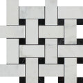 Oriental White Honed Marble Large Basketweave Mosaic Tile w/ Black Dots - tilestate