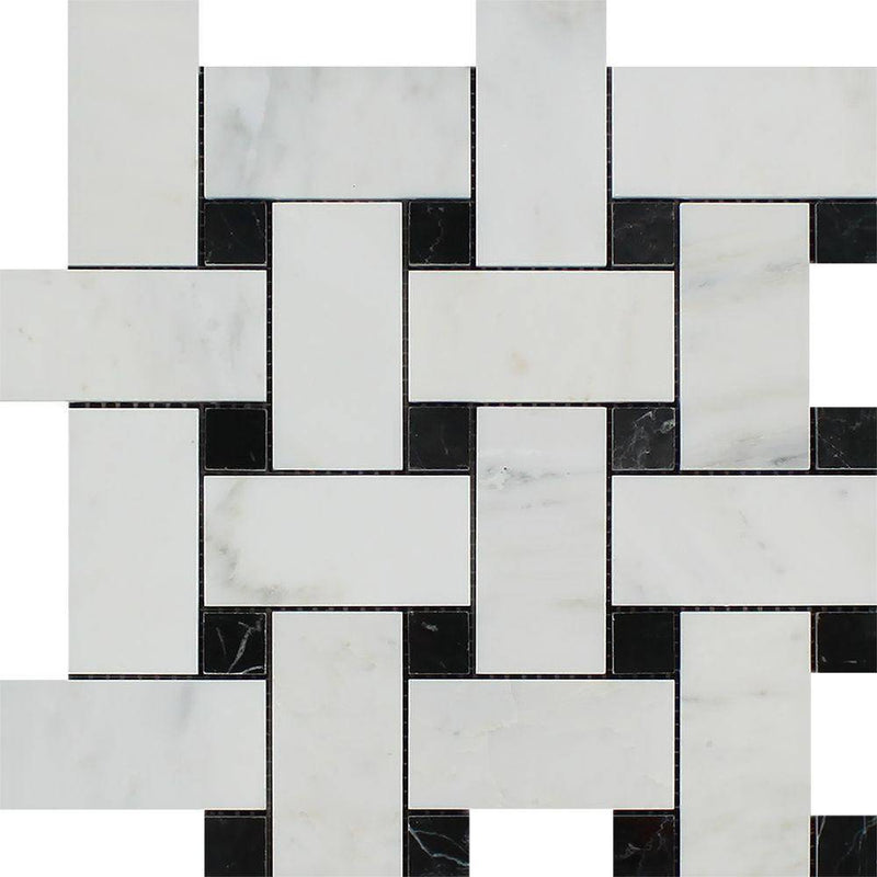 Oriental White Honed Marble Large Basketweave Mosaic Tile w/ Black Dots - tilestate