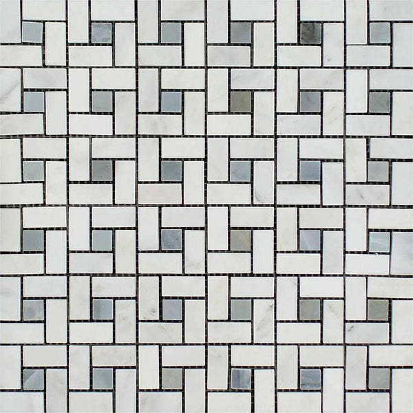 Oriental White Honed Marble Mini Pinwheel Mosaic Tile w/ Blue-Gray Dots - tilestate