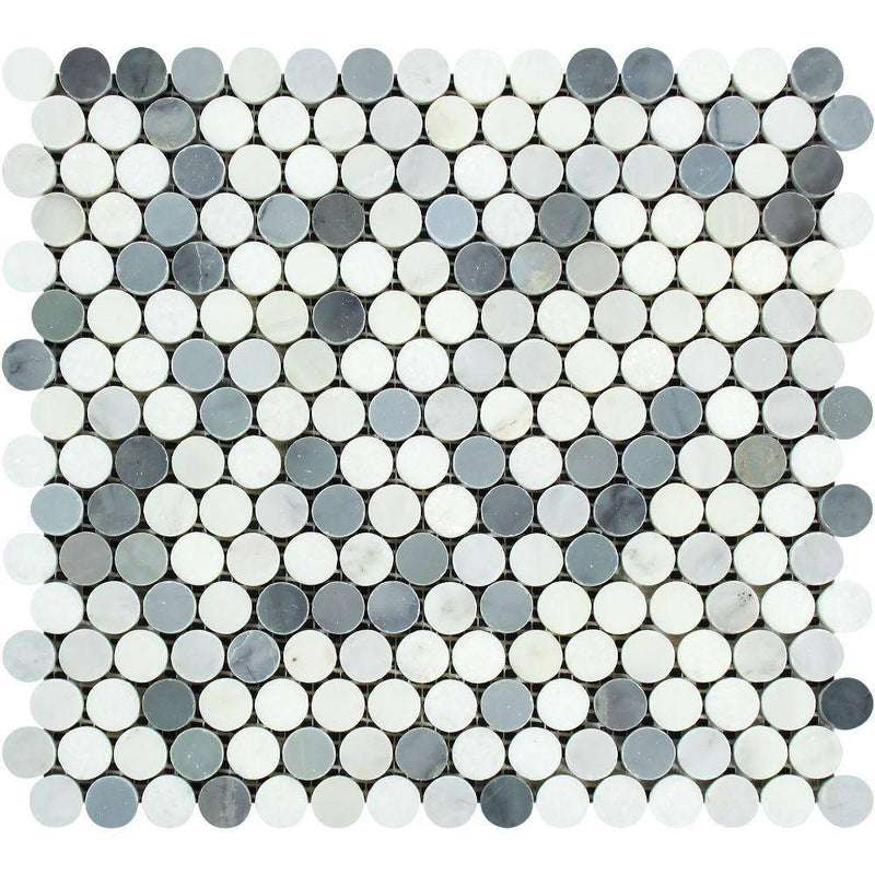 Oriental White Honed Marble Penny Round Mosaic Tile (Oriental White + Thassos + Blue) - tilestate