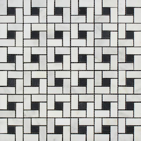 Oriental White Polished Marble Mini Pinwheel Mosaic Tile w/ Black Dots - tilestate