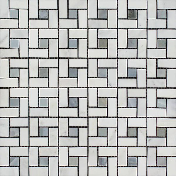 Oriental White Polished Marble Mini Pinwheel Mosaic Tile w/ Blue-Gray Dots - tilestate