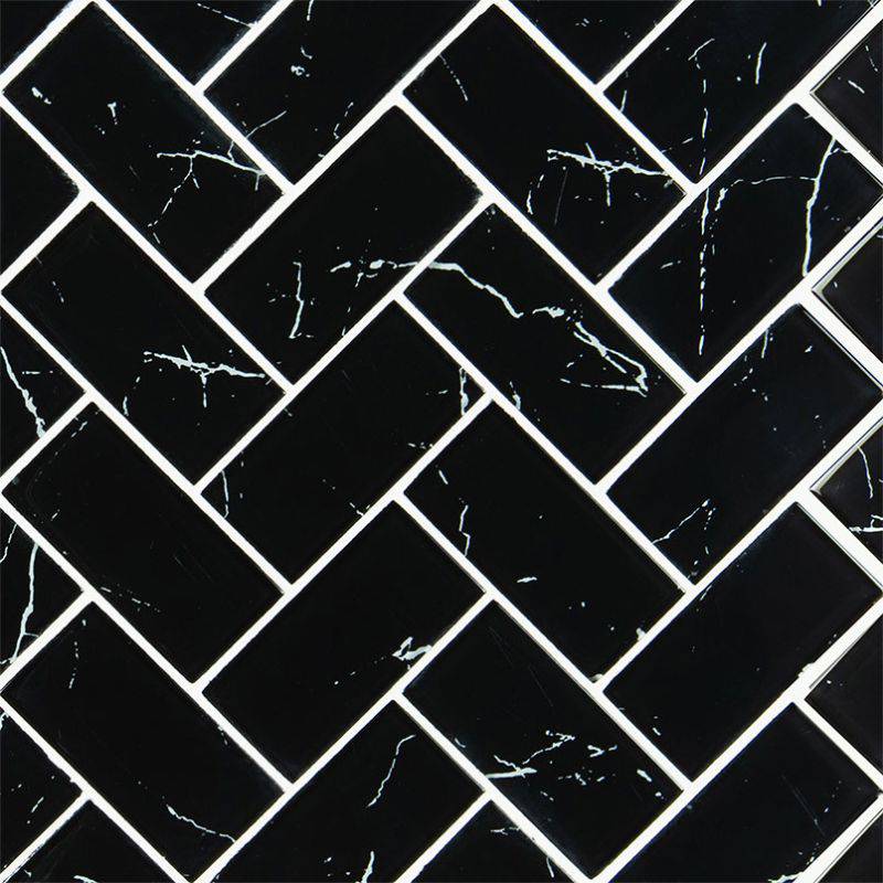 Nero Marquina 2x4 Herringbone Glass Mosaic Tile - tilestate