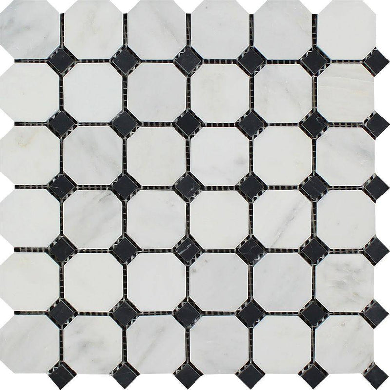 Oriental White Polished Marble Octagon Mosaic Tile w/ Black Dots - tilestate