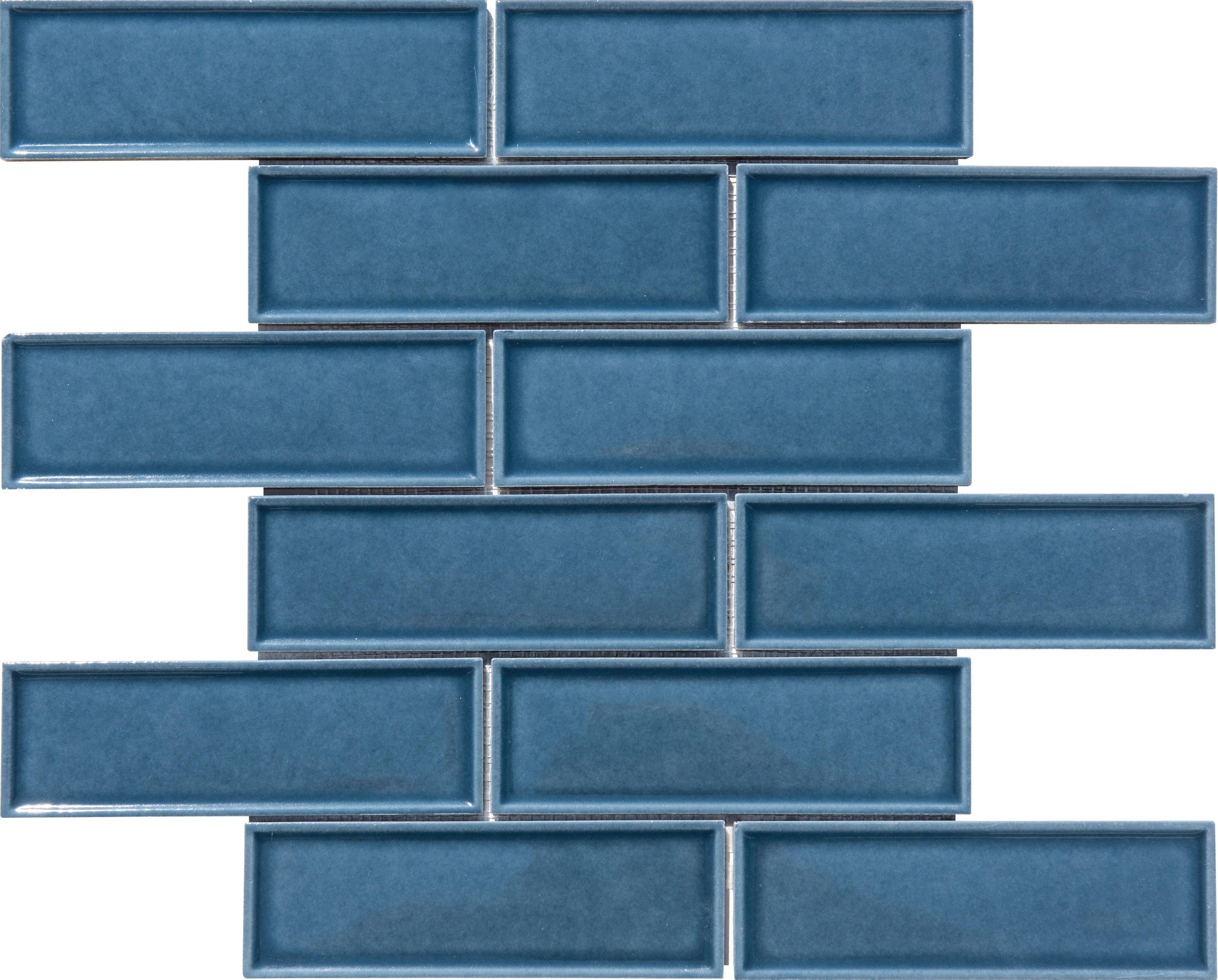 Dark Blue 2x6 Beveled Brick Porcelain Mosaic Tile | tilestate