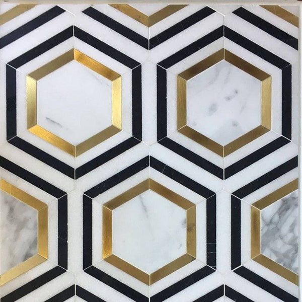 Calacatta Gold Nero Marquina Hexagon Marble Polished Mosaic Tile - tilestate