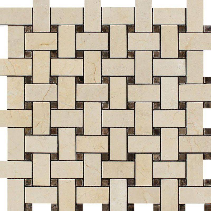 Crema Marfil Marble Basketweave w/ Emp Dots Polished Mosaic Tile - tilestate