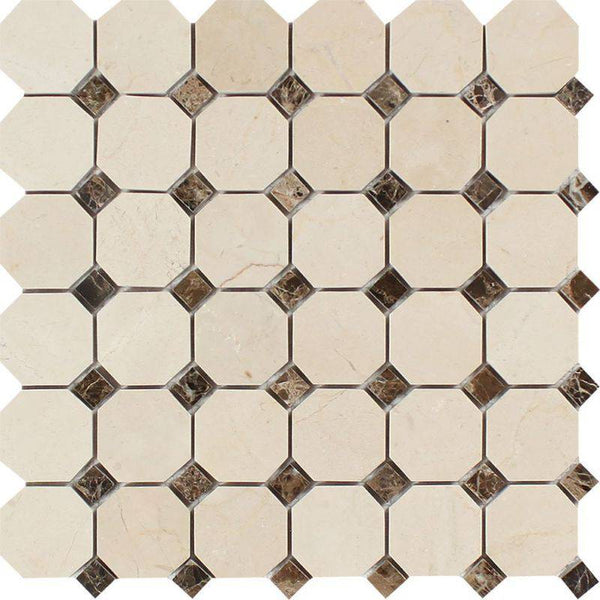 Crema Marfil Marble Octagon with Brown Dots Polished Mosaic Tile - tilestate