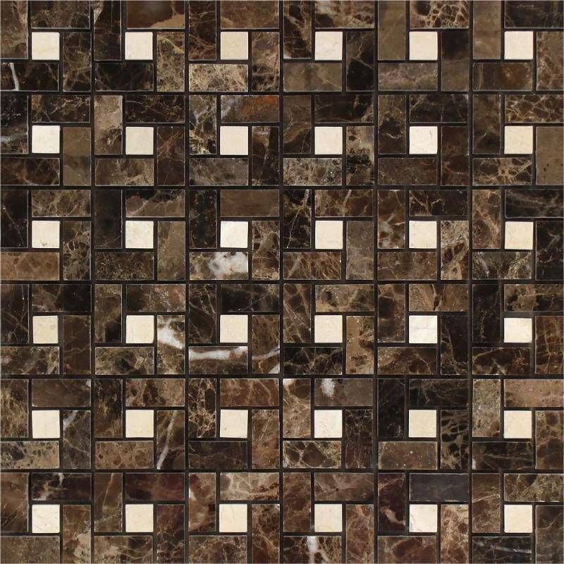 Emperador Dark Spanish Marble Pinwheel w/Crema Marfil dots Polished Mosaic Tile - tilestate