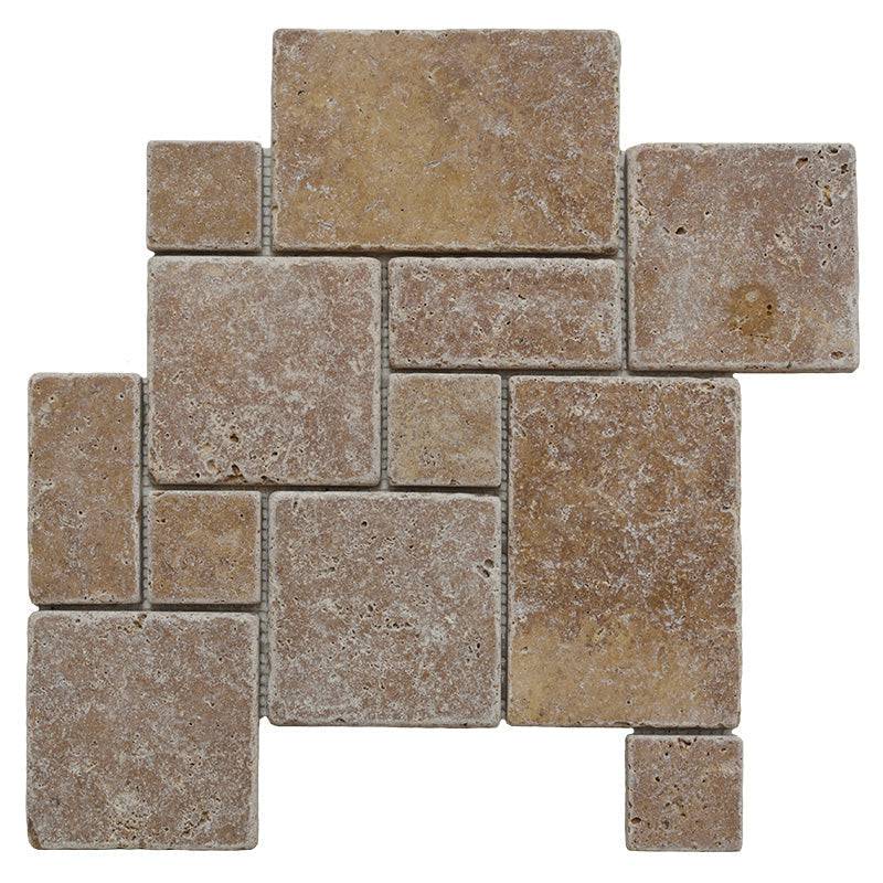 Noce Travertine Opus Mini Pattern Tumbled Mosaic Tile | tilestate