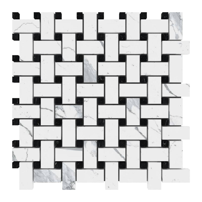 12x12 Polished Statuario Basketweave With Toros Black Dot - tilestate