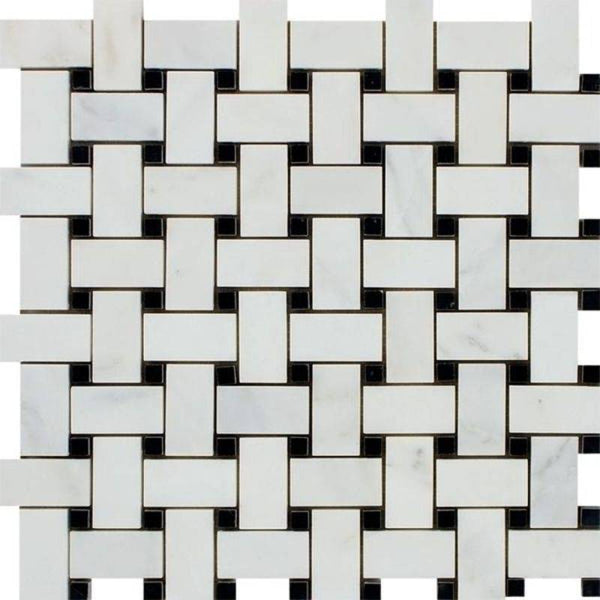 Asian Statuary (Oriental White) Marble Honed Basketweave with Black Dots Mosaic Tile For Kitchen Backsplash and Bathroom Wall or Bathroom Floor - tilestate