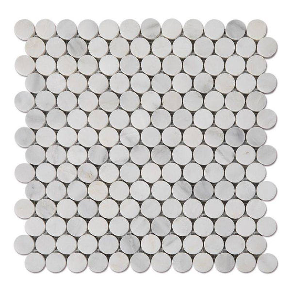 Asian Statuary (Oriental White) Marble Penny Round Polished Mosaic Tile For Kitchen Backsplash and Bathroom Wall or Bathroom Floor - tilestate