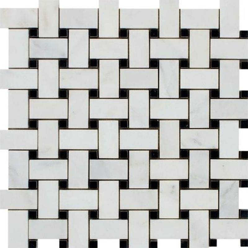 Asian Statuary (Oriental White) Marble Polished Basketweave with Black Dots Mosaic Tile For Kitchen Backsplash and Bathroom Wall or Bathroom Floor - tilestate