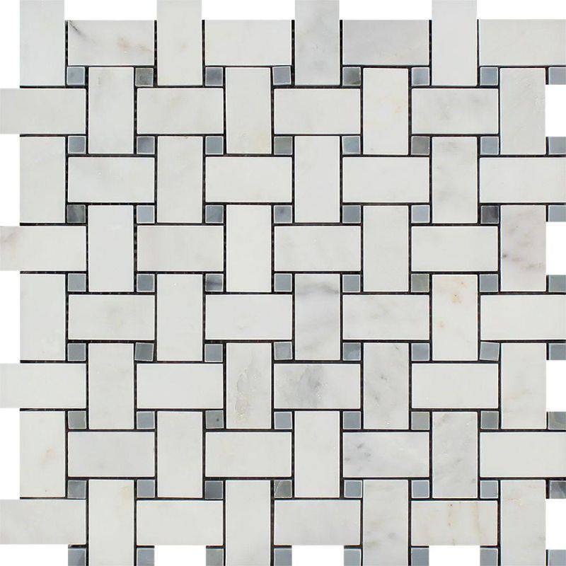 Asian Statuary (Oriental White) Marble Polished Basketweave with Blue Dots Mosaic Tile For Kitchen Backsplash and Bathroom Wall or Bathroom Floor - tilestate