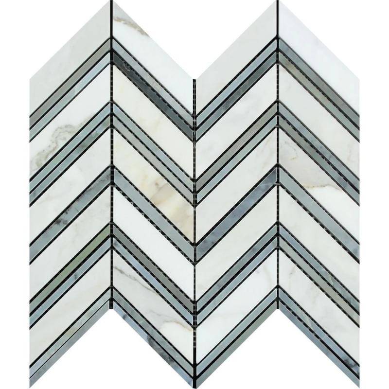 Calacatta Gold Marble Chevron with Blue Strips Honed Mosaic Tile - tilestate