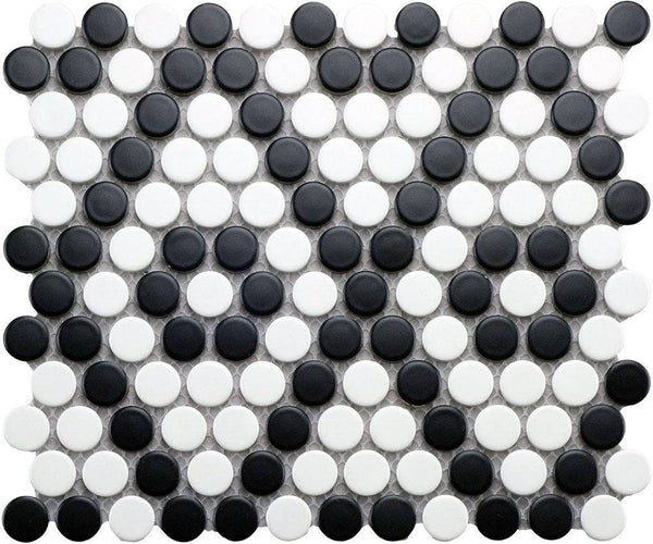 Cc Mosaics B&w Penny Round 9x10 Porcelain Mosaic Tile - tilestate