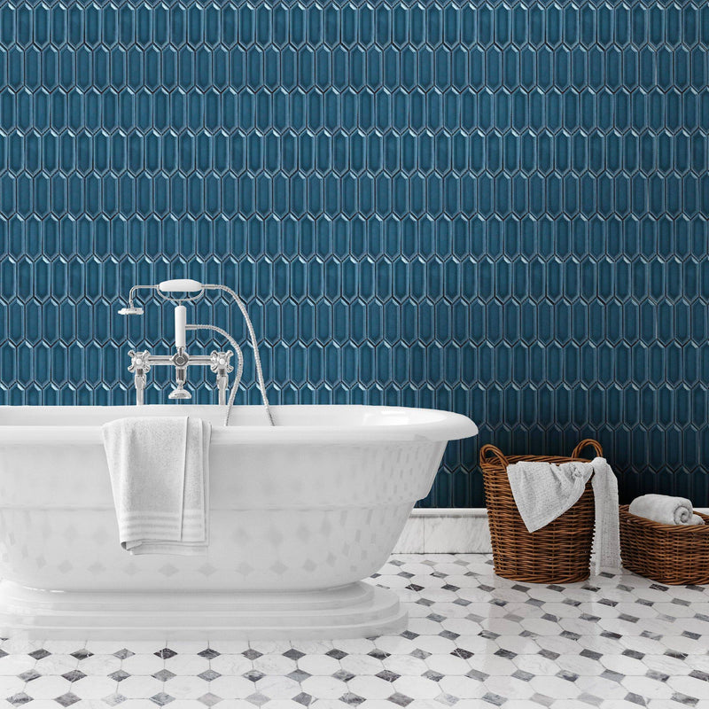 INDIGO BLUE  IVY PICKET PORCELAIN MOSAIC TILE - tilestate