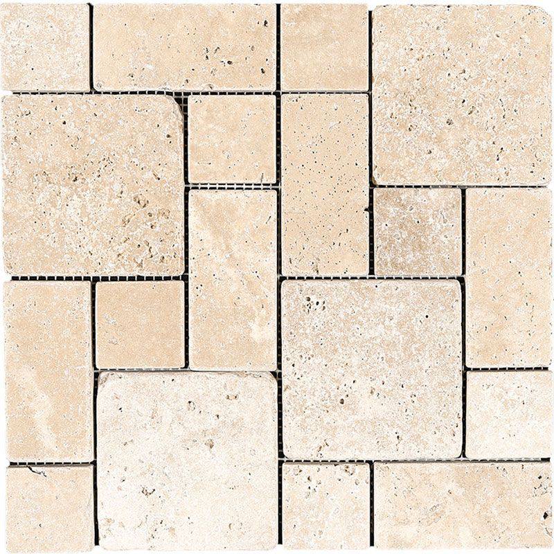 Ivory Travertine Mini Pattern Tumbled Mosaic Tile | TileState