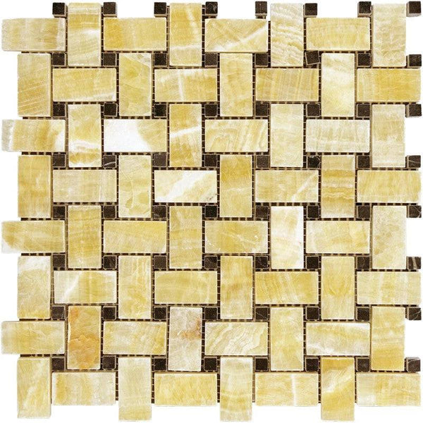 Honey Onyx Basketweave w/ Black Dots Polished Mosaic Tile - tilestate